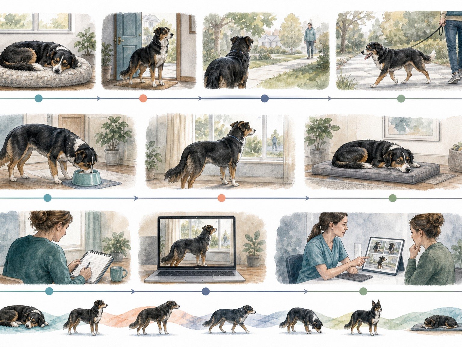 A text-free longitudinal sequence shows the same dog resting, at a doorway, observing a visitor, walking, eating, recovering, being recorded, and reviewed by a veterinarian.