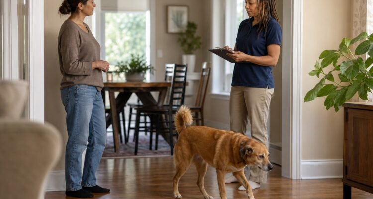 A dog chooses a quiet resting place while its owner and a veterinary behavior professional review a room-by-room home map without approaching the dog.