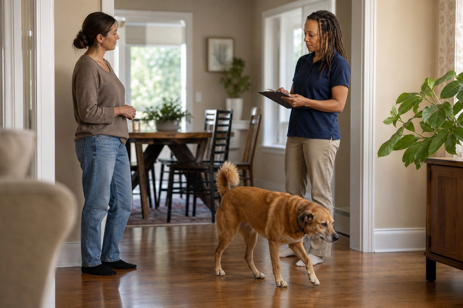 A dog chooses a quiet resting place while its owner and a veterinary behavior professional review a room-by-room home map without approaching the dog.