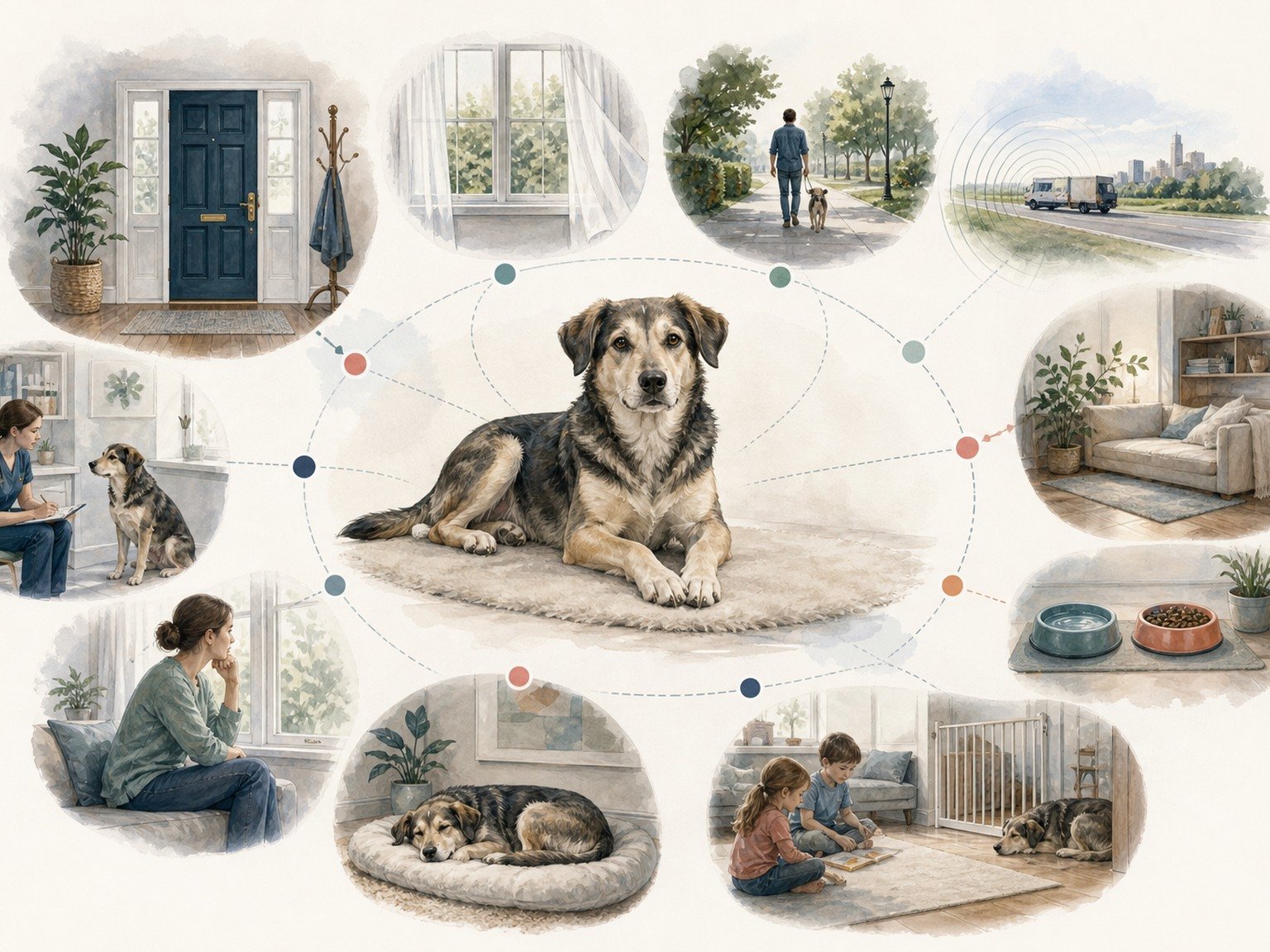 A text-free home environment map connects retreat space, sound, sight lines, visitors, resources, exits, confinement, routine, observation, and veterinary review around one relaxed dog.