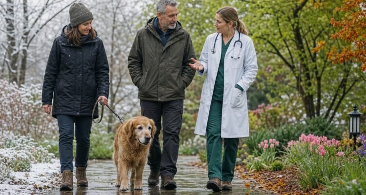 A senior dog and owner meet a veterinarian beside a window showing changing seasons while they review a neutral health baseline.