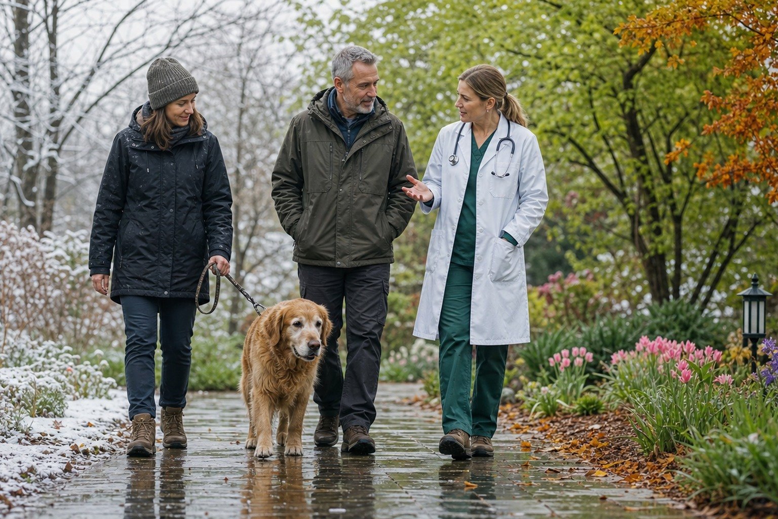 A senior dog and owner meet a veterinarian beside a window showing changing seasons while they review a neutral health baseline.