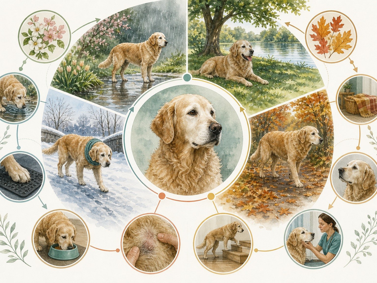 A text-free four-season senior dog monitoring wheel connects appetite, water, elimination, movement, sleep, behavior, grooming, sensory function, environment, and veterinary review.
