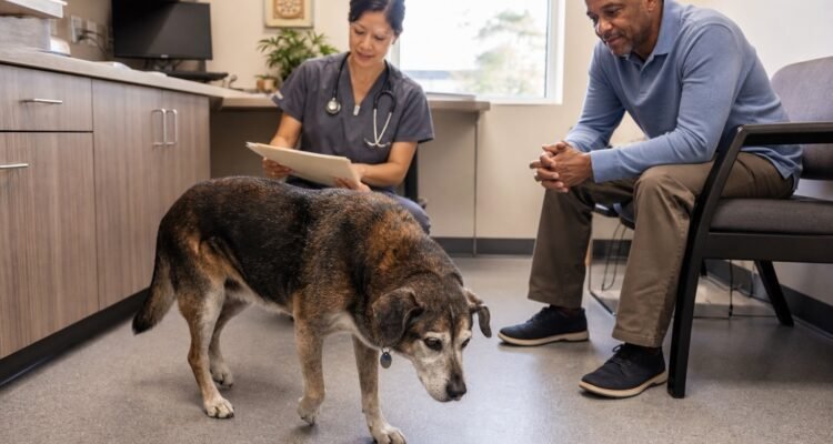 A newly adopted gray-muzzled dog stands comfortably with its adopter while a veterinarian reviews shelter records and begins a low-stress baseline assessment.