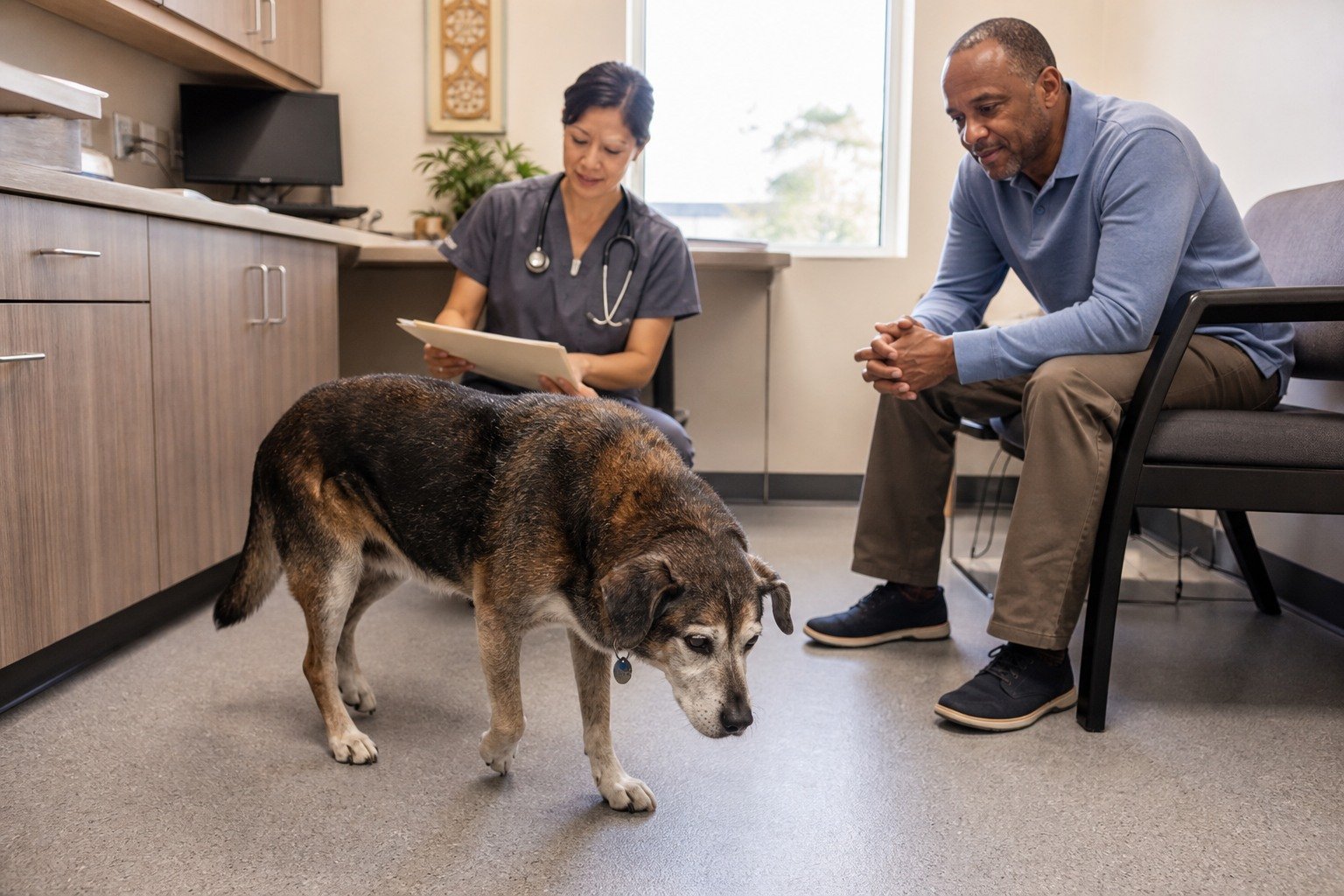 A newly adopted gray-muzzled dog stands comfortably with its adopter while a veterinarian reviews shelter records and begins a low-stress baseline assessment.
