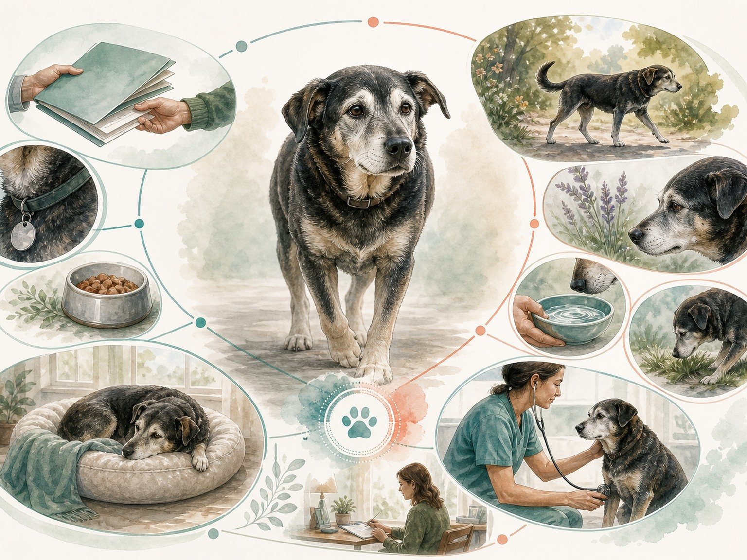 A text-free adopted senior dog intake pathway connects records, identification, diet, medications, mobility, senses, behavior, home routine, examination, diagnostics, and follow-up.