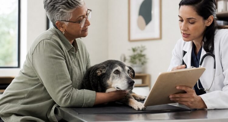 A senior dog rests beside its owner while a veterinarian compares a prioritized care plan, written estimate, and follow-up options in a calm clinic room.