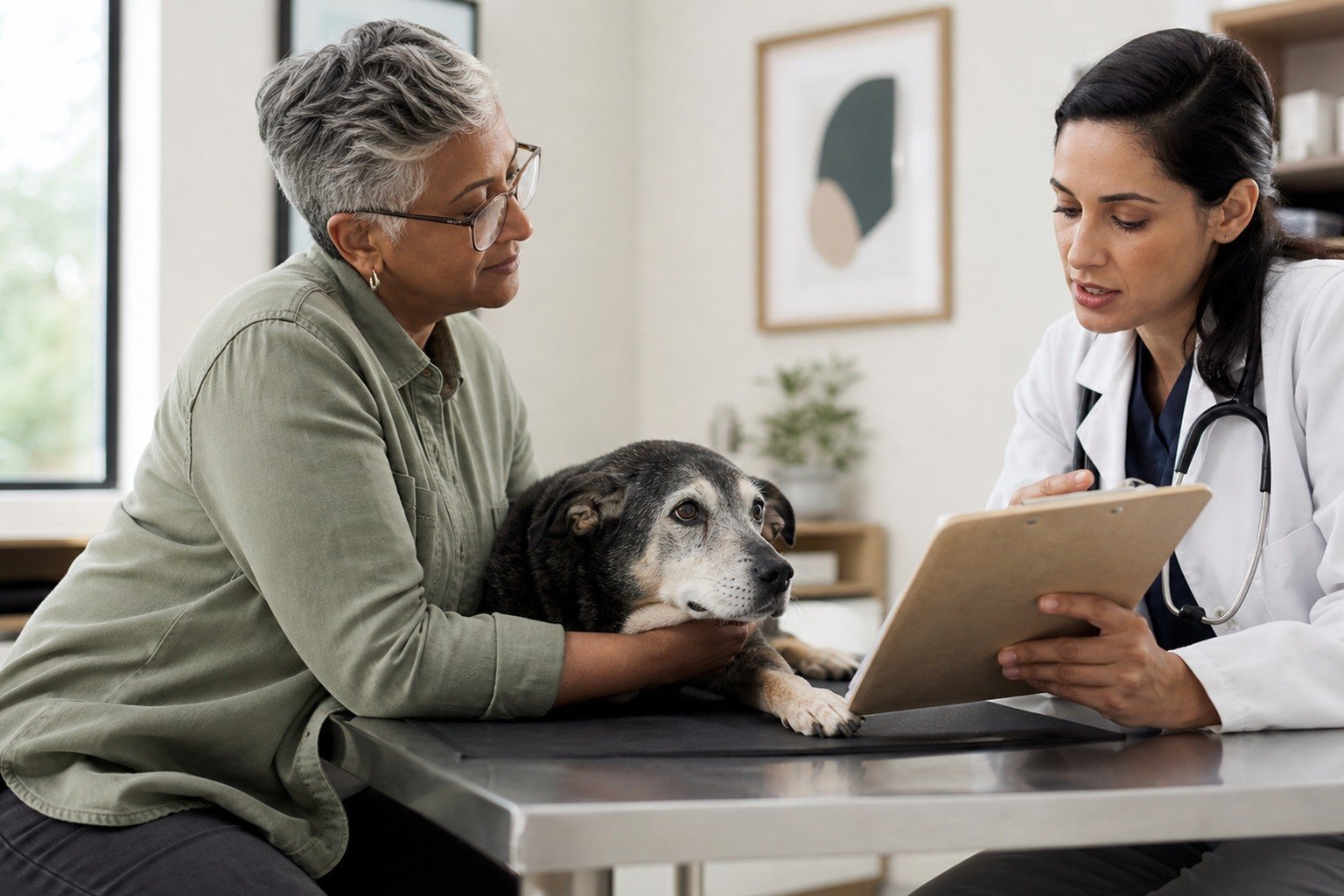 A senior dog rests beside its owner while a veterinarian compares a prioritized care plan, written estimate, and follow-up options in a calm clinic room.