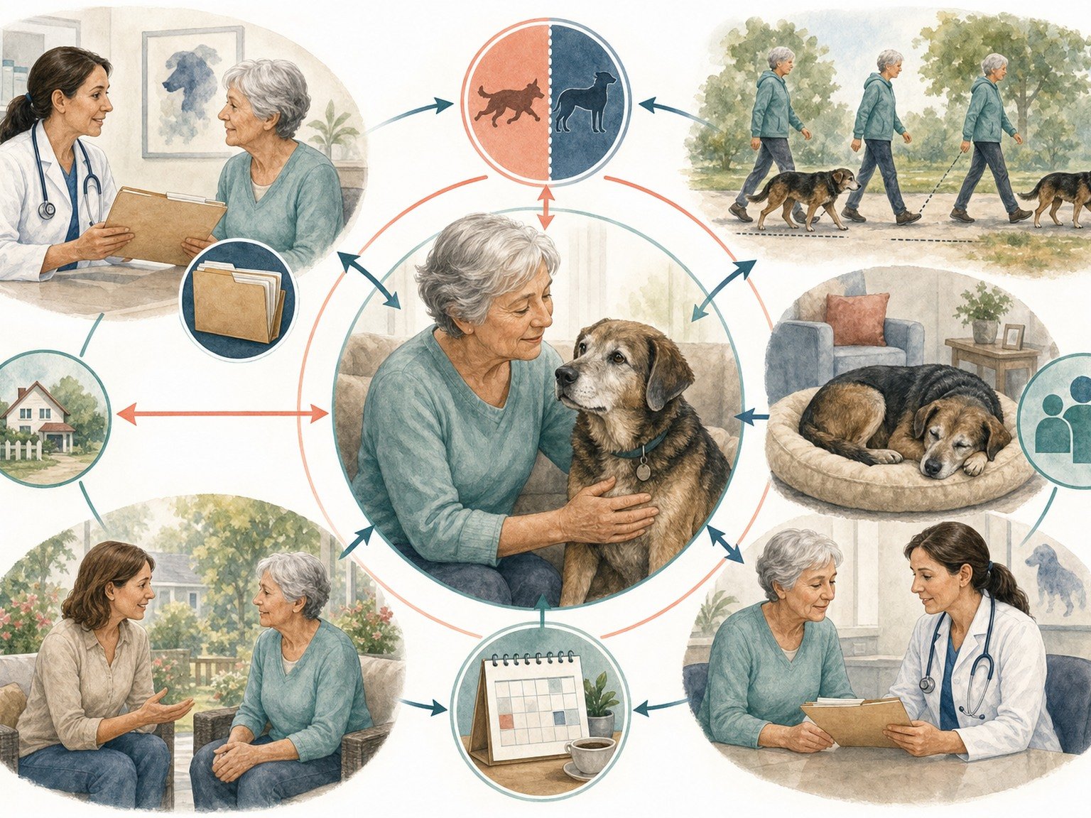A text-free shared-decision pathway connects urgent needs, owner goals, examination, options, tradeoffs, written estimates, staging, monitoring, community resources, and reassessment.
