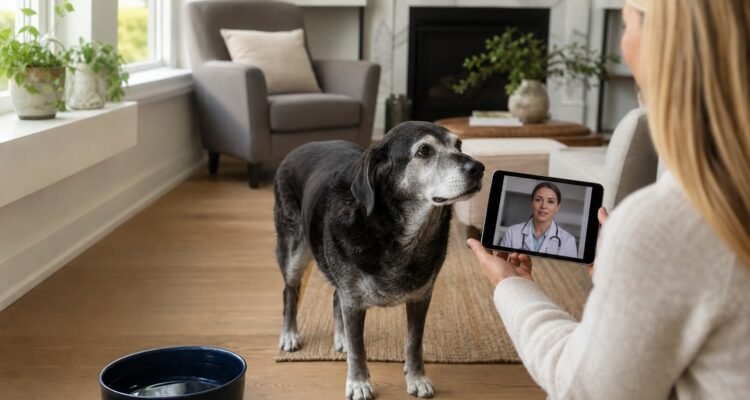 An owner records a senior dog's ordinary movement and appetite while a veterinarian reviews the longitudinal notes on a tablet during a calm appointment.