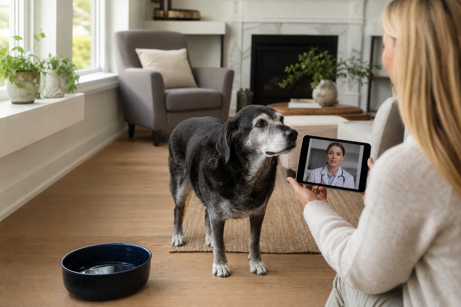 An owner records a senior dog's ordinary movement and appetite while a veterinarian reviews the longitudinal notes on a tablet during a calm appointment.