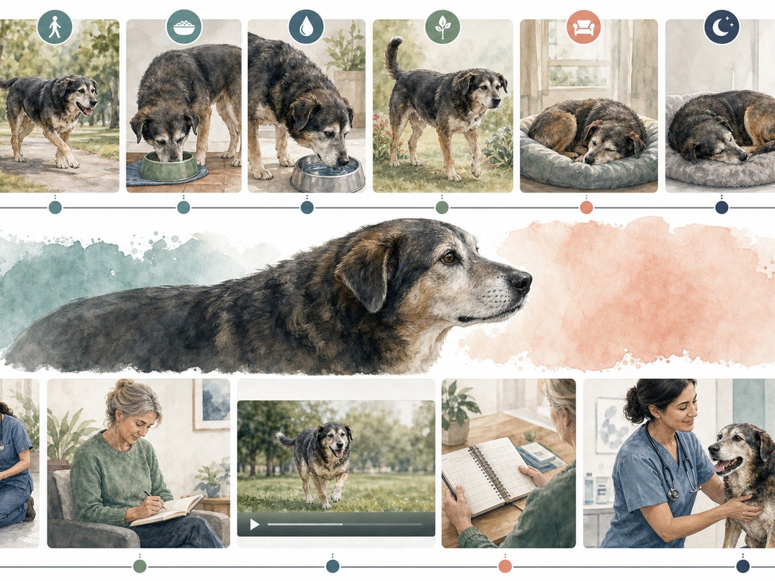 A text-free senior health tracking map connects weight, body and muscle condition, appetite, water, elimination, mobility, sleep, behavior, senses, medication, safe video, and veterinary reassessment.