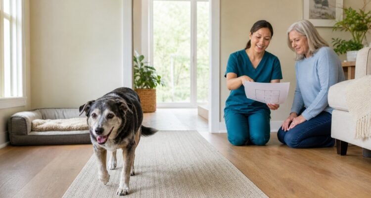 A senior dog walks freely on a secured home route while its owner and a veterinary rehabilitation professional review a room map from a respectful distance.