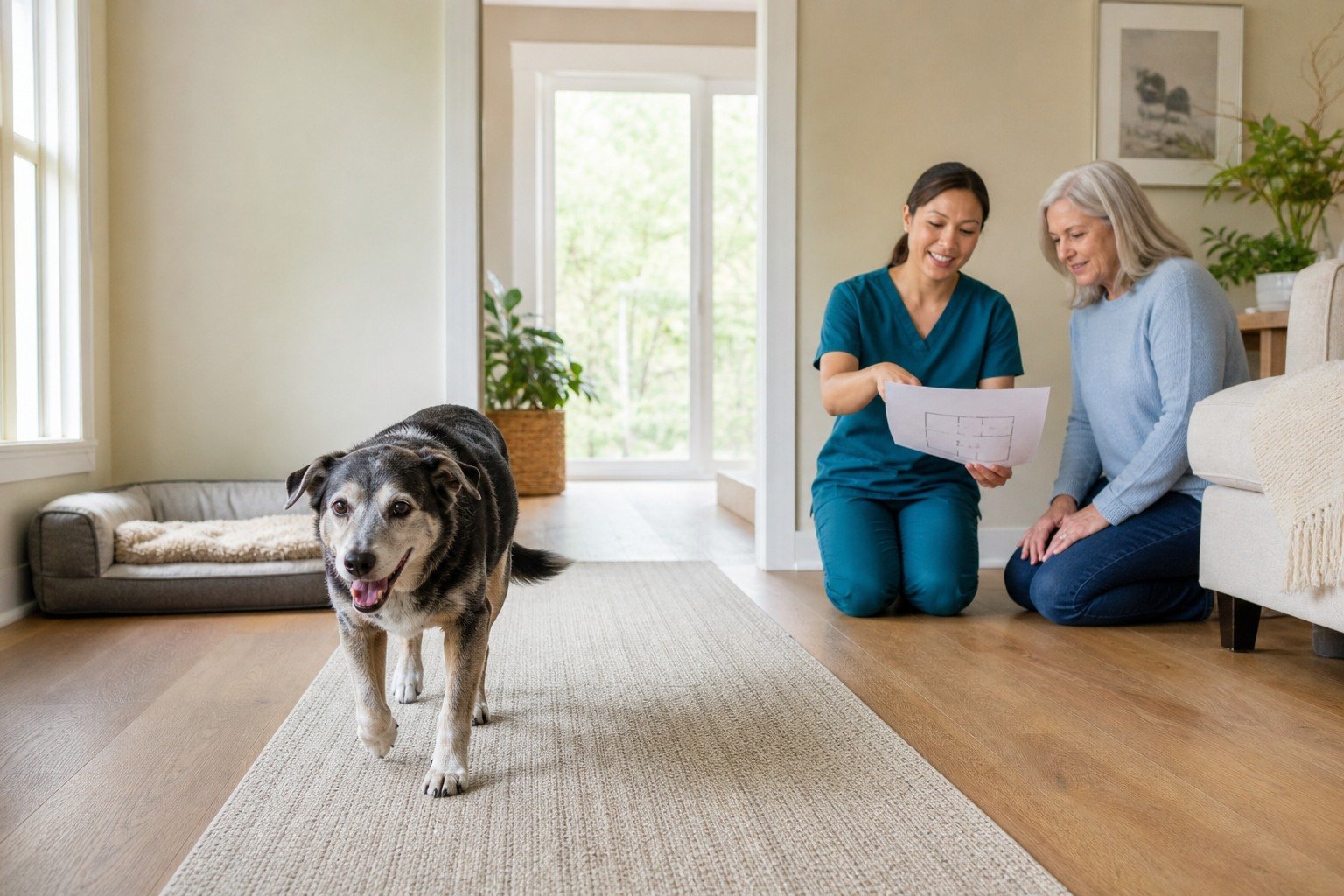 A senior dog walks freely on a secured home route while its owner and a veterinary rehabilitation professional review a room map from a respectful distance.