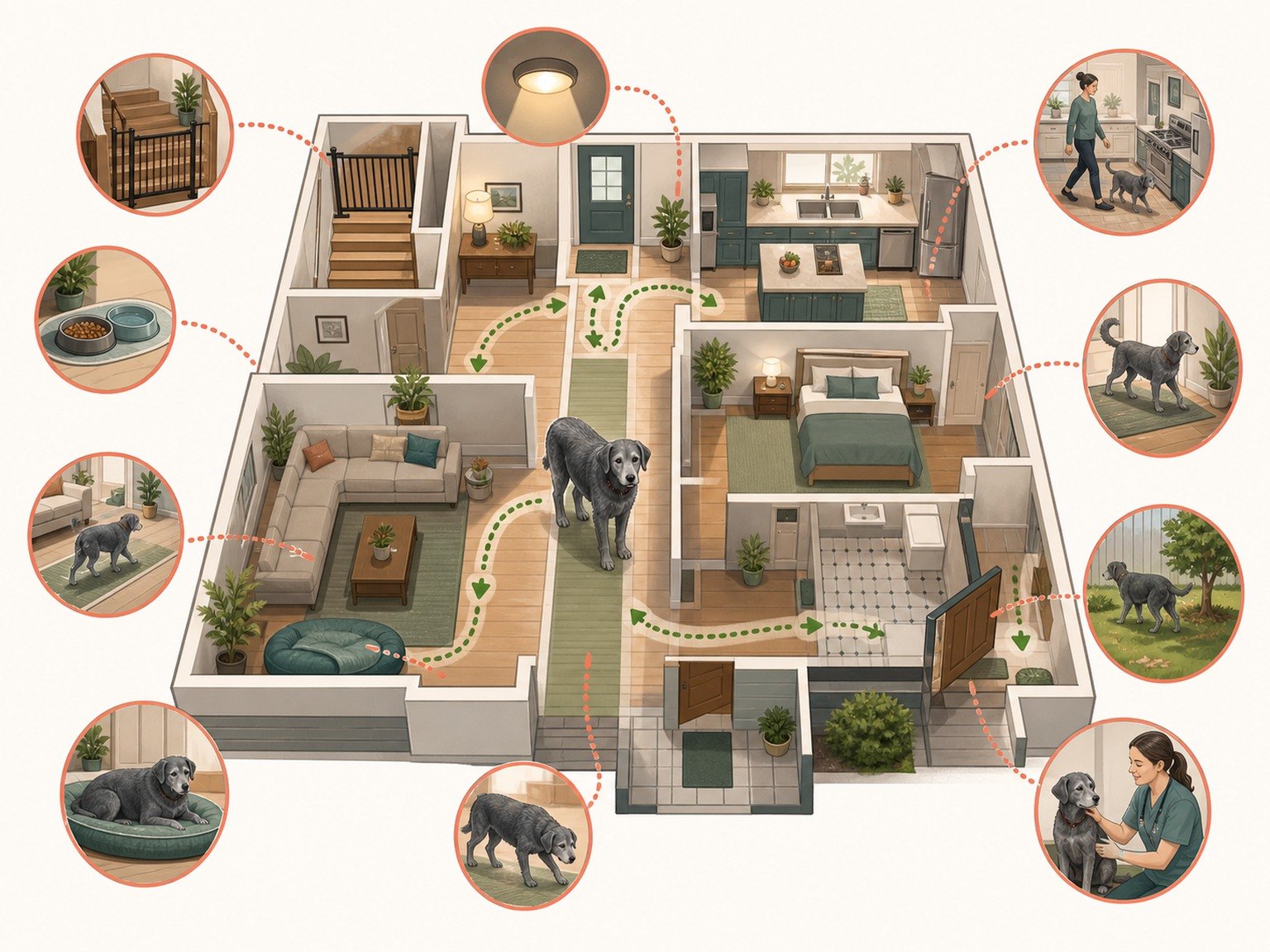 A text-free cutaway home map shows a senior dog's routes to rest, water, food, toileting, light, transitions, household spaces, and veterinary reassessment.