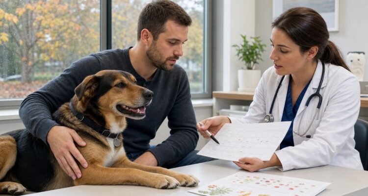 A dog rests beside its owner while a veterinarian reviews an unbranded seasonal observation calendar, diet history, and complete exposure record.
