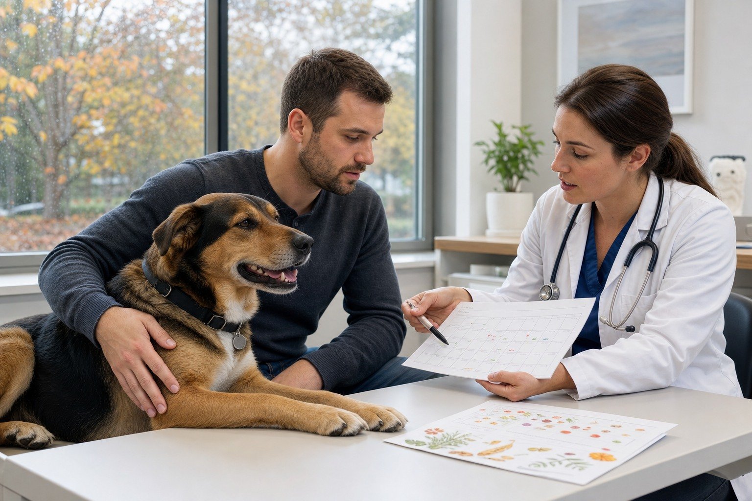A dog rests beside its owner while a veterinarian reviews an unbranded seasonal observation calendar, diet history, and complete exposure record.