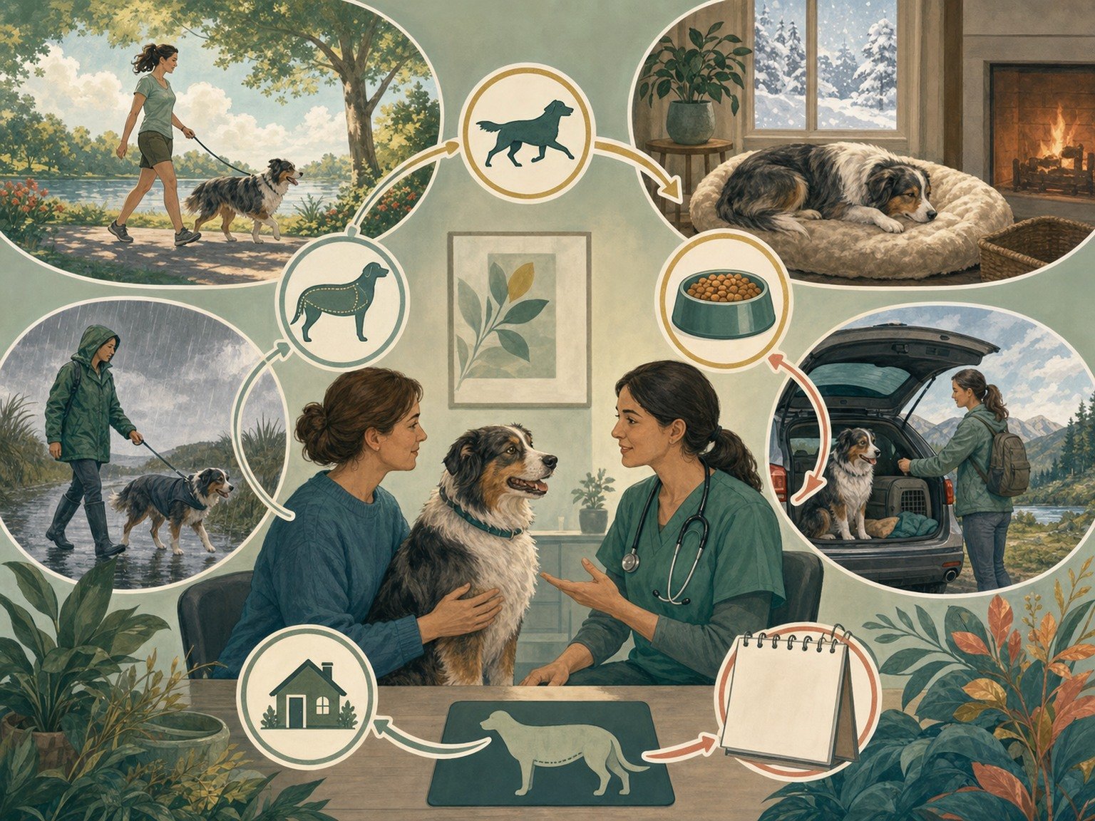 A text-free seasonal reassessment illustration connects activity, travel, weather, complete food, body condition, routine, and veterinary review around one dog.