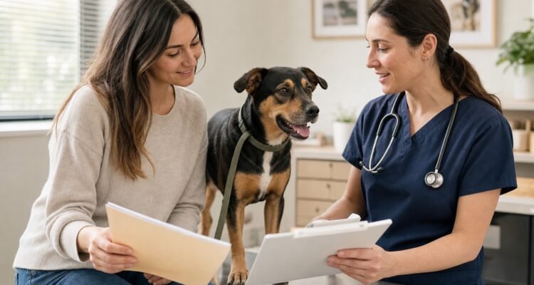 A relaxed newly adopted dog stands with its adopter while a veterinarian reviews shelter records, current diet history, and a blank health timeline.