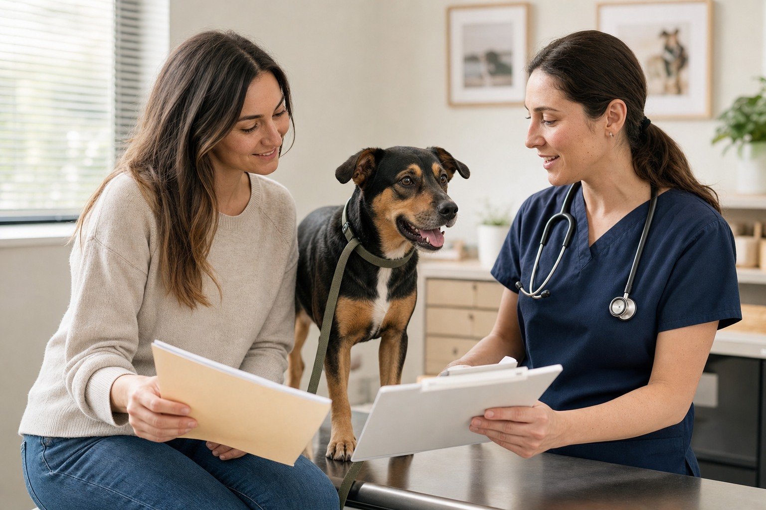 A relaxed newly adopted dog stands with its adopter while a veterinarian reviews shelter records, current diet history, and a blank health timeline.