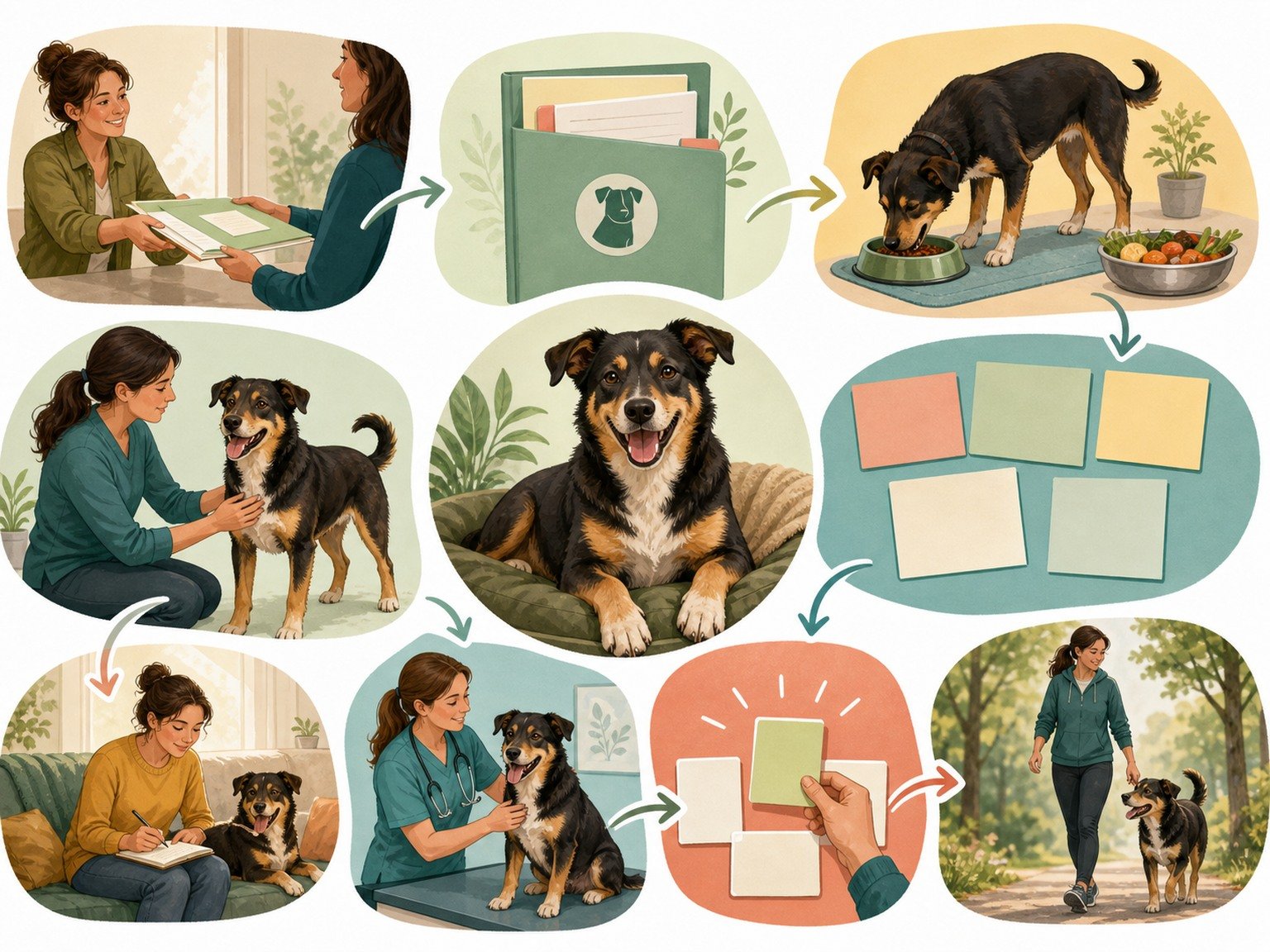 A text-free adoption pathway connects records handoff, complete diet, current exposures, body and muscle assessment, ordinary observation, veterinary examination, one change, and follow-up.