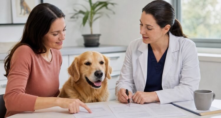 A relaxed dog sits with its owner while a veterinarian compares a health goal, complete exposure list, and written care options without displaying products or prices.