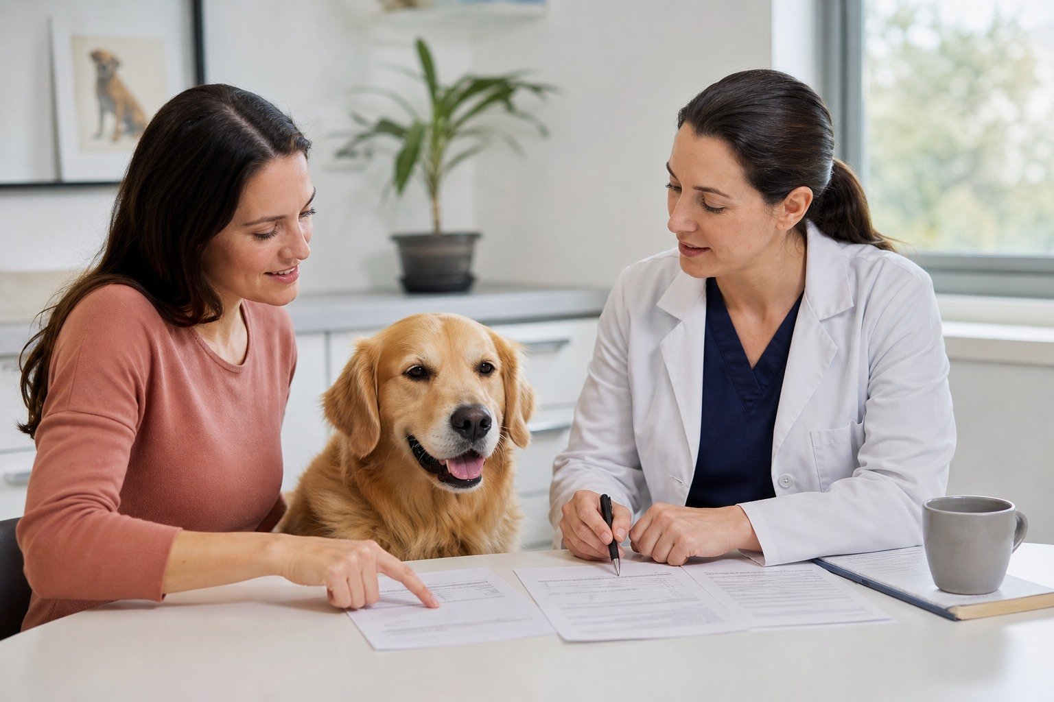 A relaxed dog sits with its owner while a veterinarian compares a health goal, complete exposure list, and written care options without displaying products or prices.