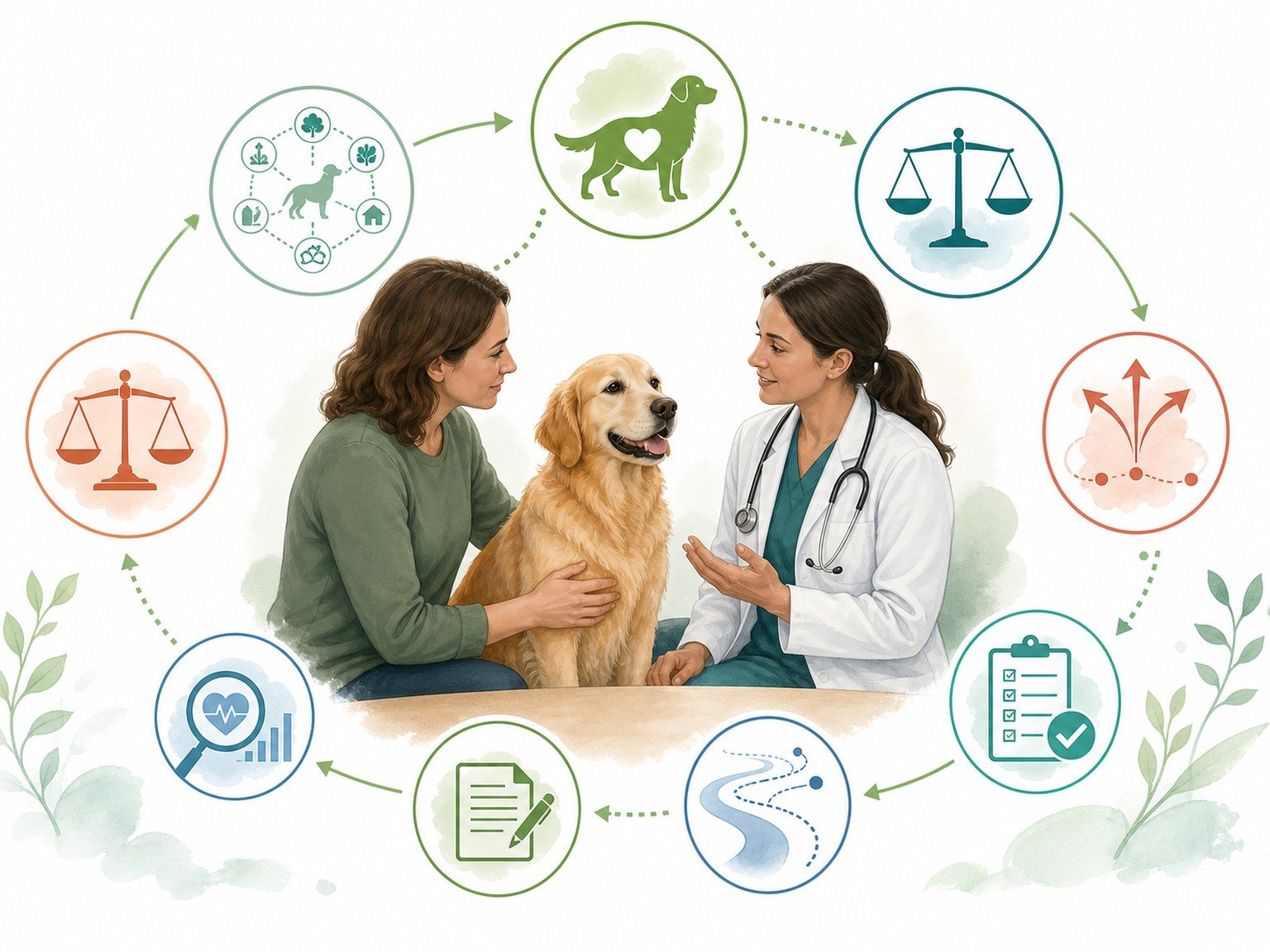 A text-free shared-decision map connects the dog's health goal, exposure inventory, evidence match, options, tradeoffs, feasibility, monitoring, and veterinary reassessment.