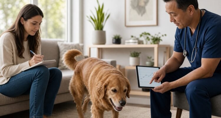 A dog performs an ordinary comfortable movement while its owner records a neutral baseline and a veterinarian reviews a simple longitudinal timeline.