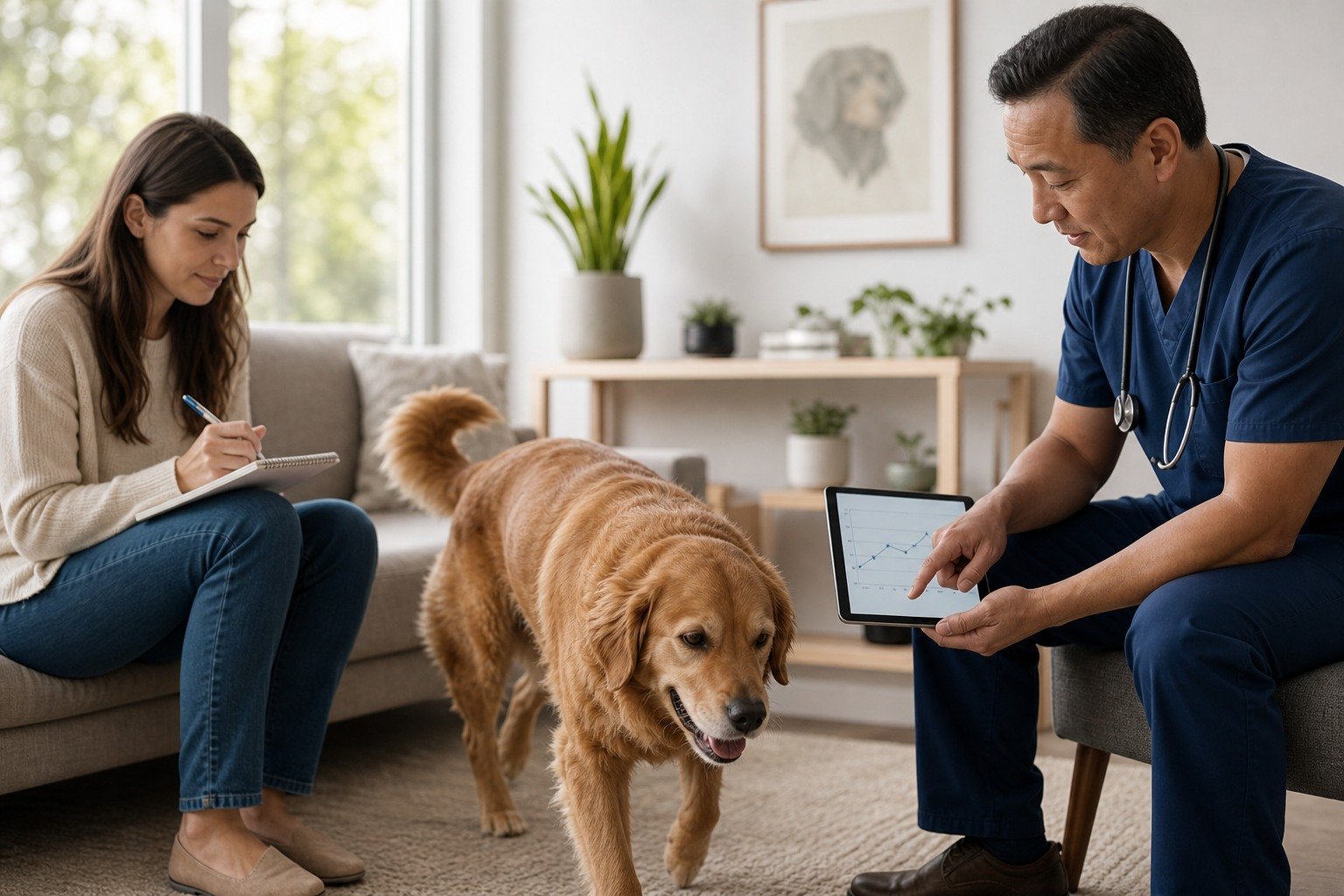 A dog performs an ordinary comfortable movement while its owner records a neutral baseline and a veterinarian reviews a simple longitudinal timeline.