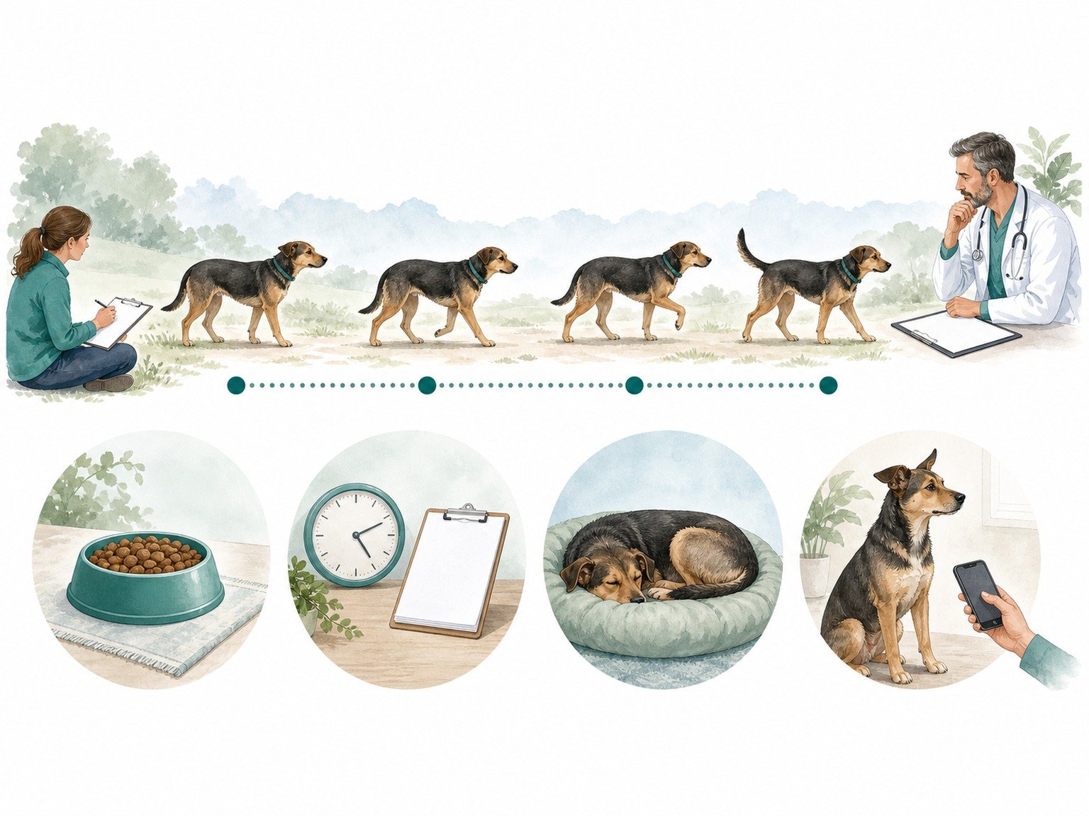 A text-free sequence shows the same dog at repeated ordinary observations with diet, schedule, rest, owner notes, alert signs, and veterinary review as context.