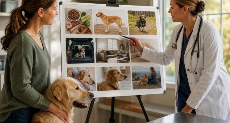A dog stands calmly with its owner while a veterinarian reviews whole-dog context including complete diet, activity, life stage, travel, home, weather, health, and goals.