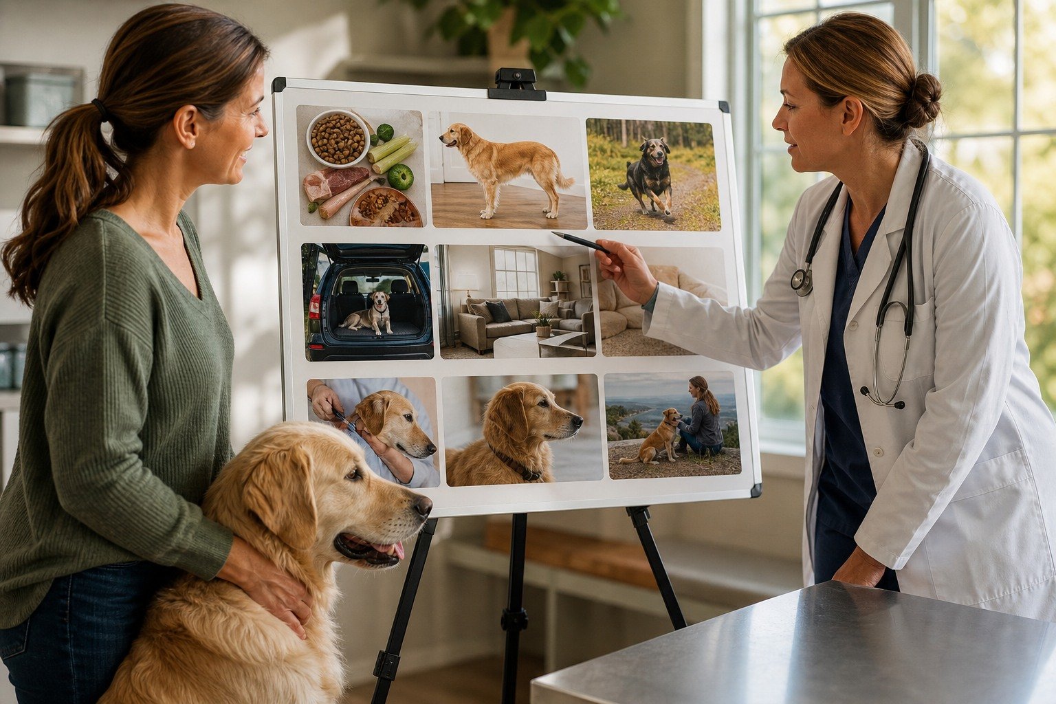 A dog stands calmly with its owner while a veterinarian reviews whole-dog context including complete diet, activity, life stage, travel, home, weather, health, and goals.
