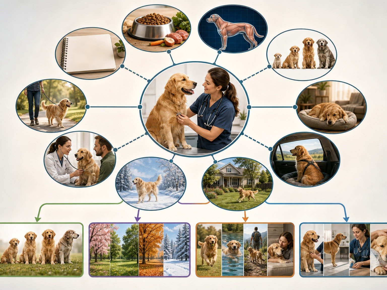 A text-free whole-dog context map connects complete food, body condition, life stage, activity, travel, home, seasons, health, veterinary review, and narrower decision paths.