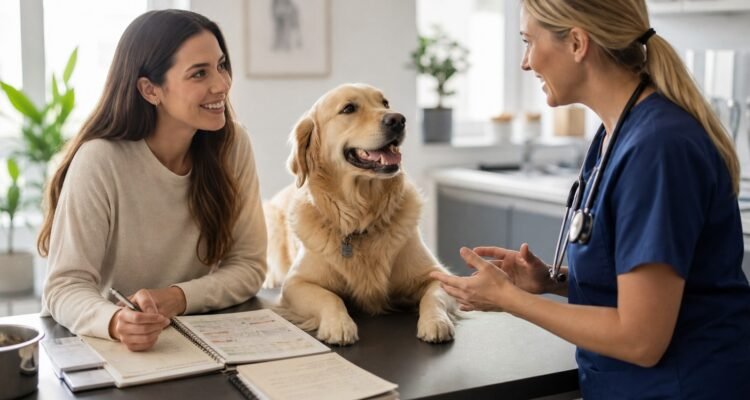A first-time dog owner and relaxed dog meet a veterinarian while reviewing food history, stool observations, routine, and a complete exposure list.