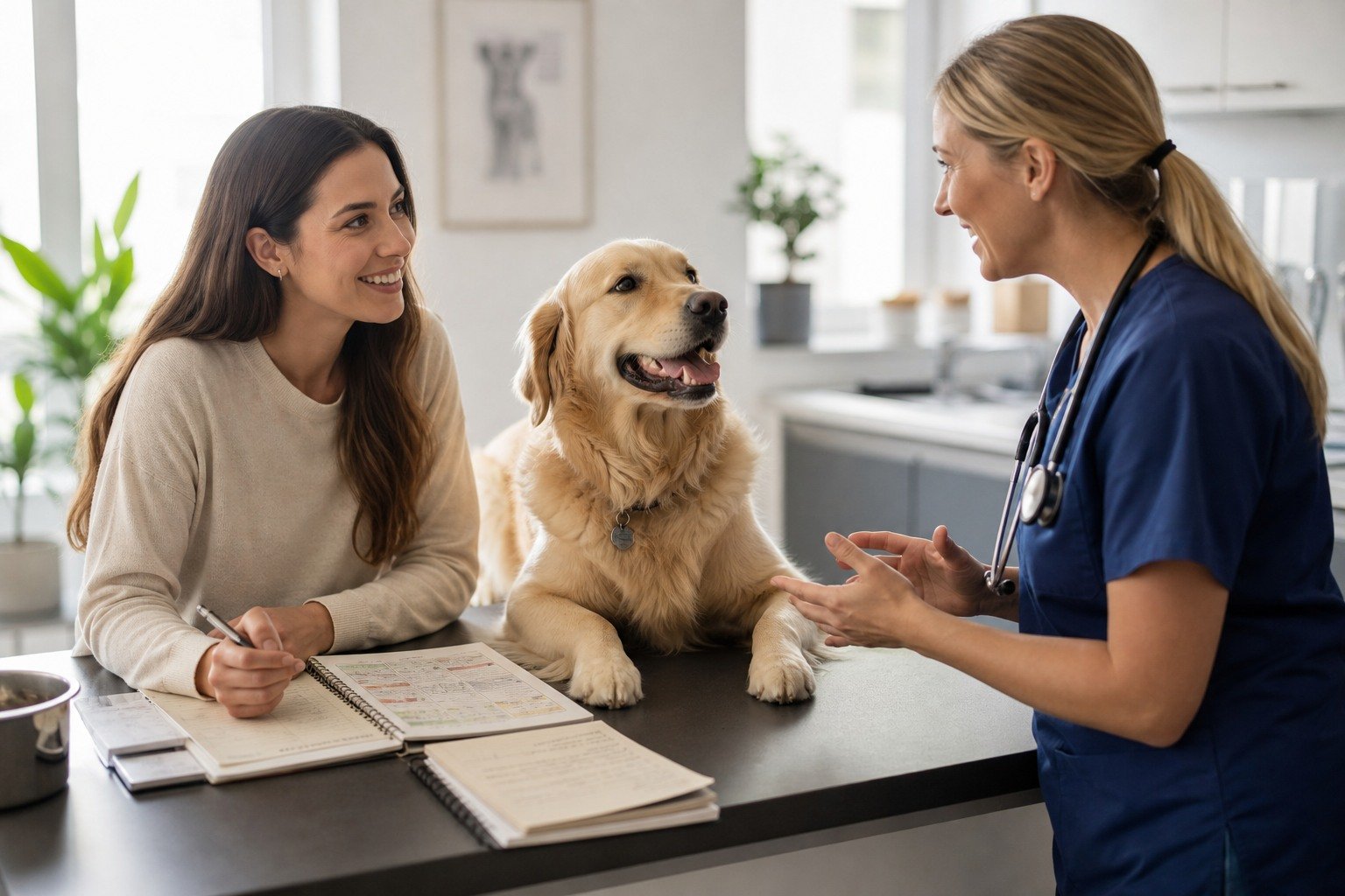 A first-time dog owner and relaxed dog meet a veterinarian while reviewing food history, stool observations, routine, and a complete exposure list.