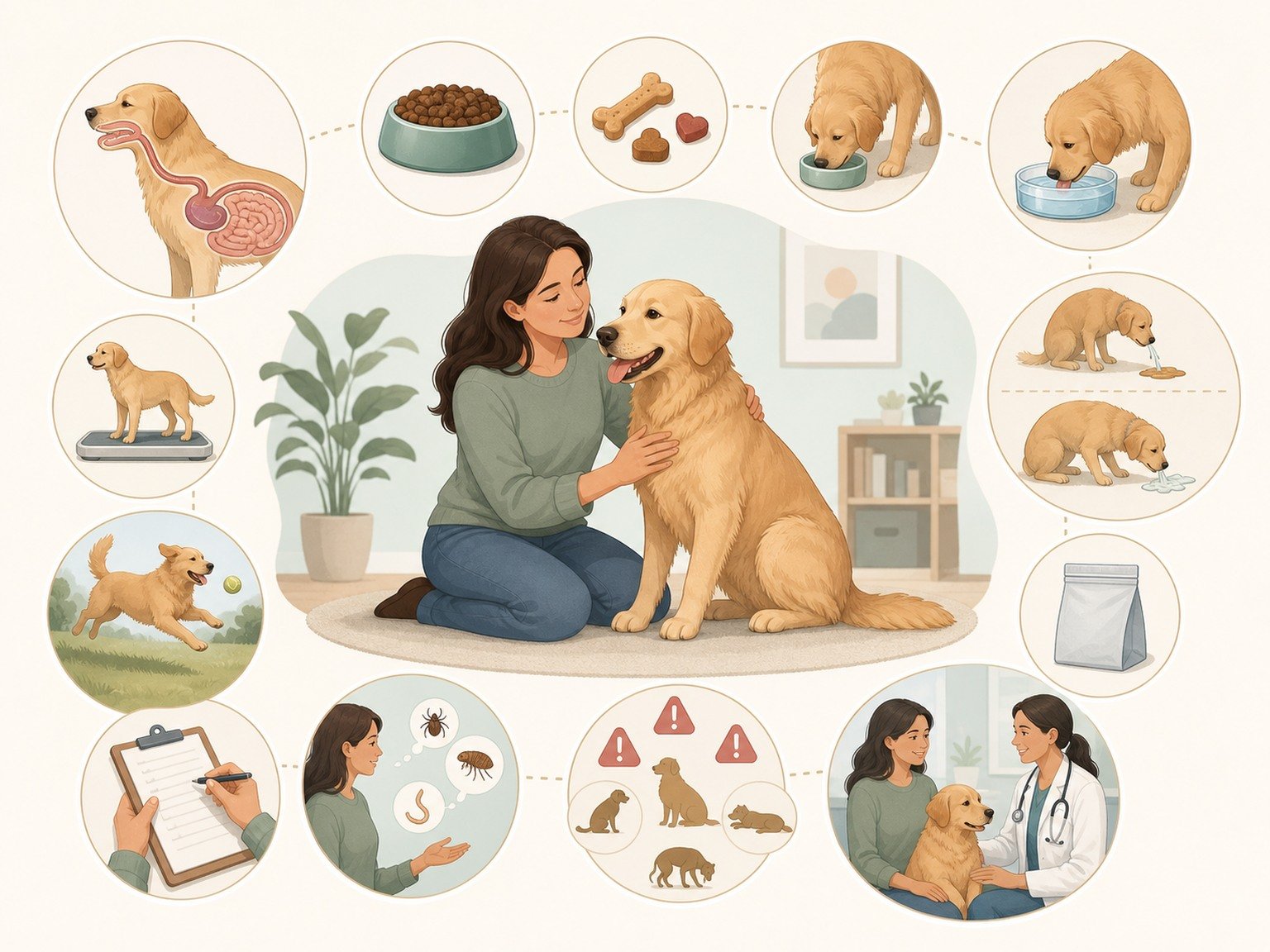 A text-free digestive baseline map connects simplified anatomy, complete food, treats, appetite, water, stool, vomiting and regurgitation observations, weight, activity, parasites, warning signs, and veterinary review.