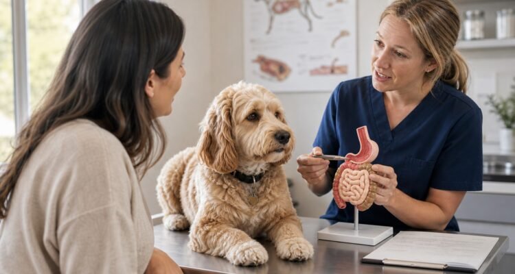 A dog owner asks questions while a veterinarian uses a simple digestive model and history sheet beside a comfortable dog.