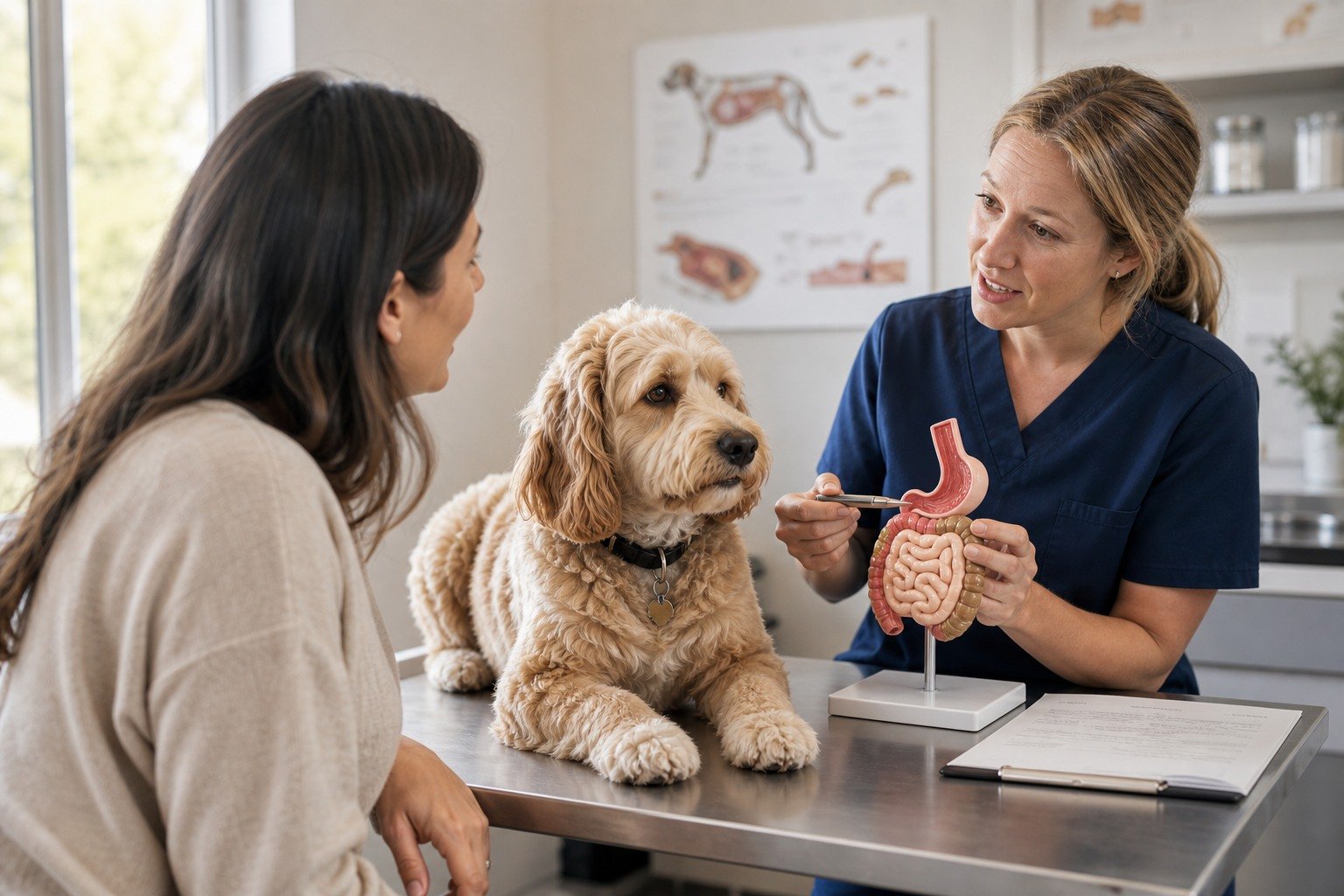 A dog owner asks questions while a veterinarian uses a simple digestive model and history sheet beside a comfortable dog.