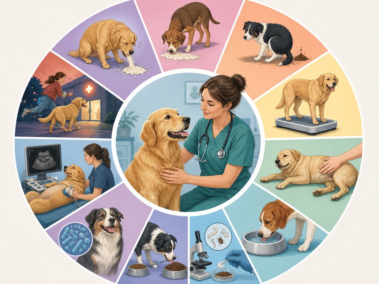 A text-free digestive FAQ wheel connects vomiting and regurgitation, stool, appetite, weight, pain, hydration, parasites, food, microbiome, diagnostics, urgency, and veterinary review.