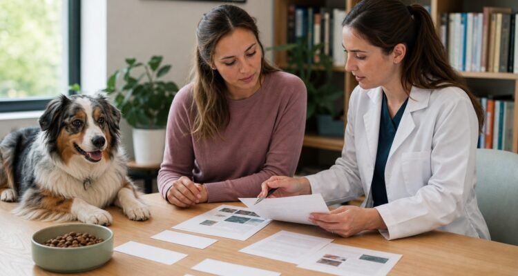 A dog owner and veterinarian compare neutral claim cards with authoritative evidence sources beside a relaxed dog and complete food bowl.