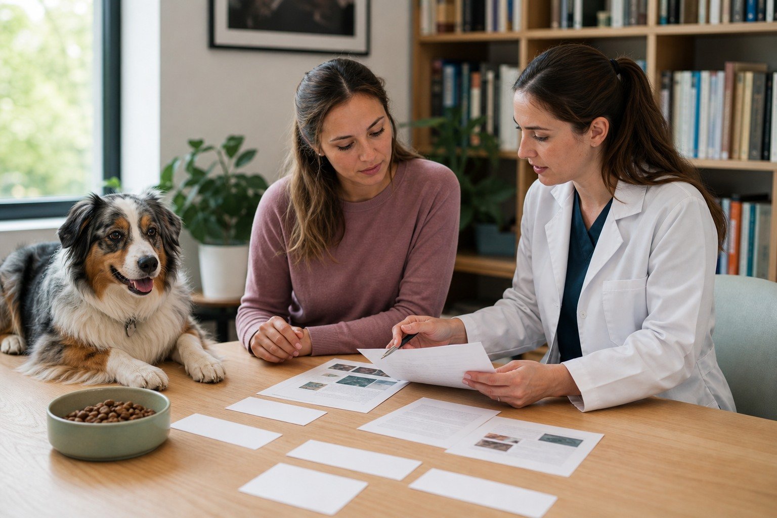 A dog owner and veterinarian compare neutral claim cards with authoritative evidence sources beside a relaxed dog and complete food bowl.