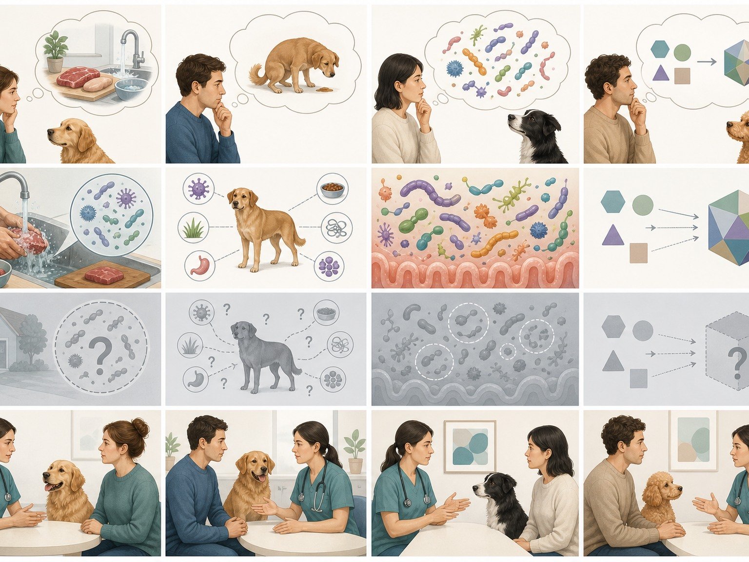 A text-free four-column evidence framework examines raw-food safety, diarrhea causes, microbiome complexity, ingredient evidence, uncertainty, and veterinary context.