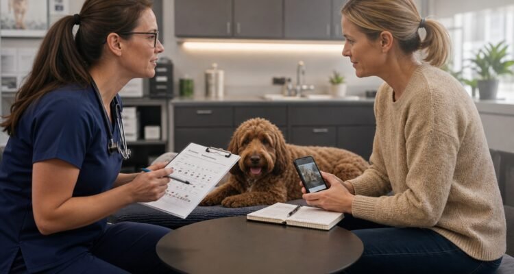 A dog owner and veterinarian collaborate over a digestive timeline, complete food and exposure inventory, safe phone photo, and follow-up notes while the dog rests comfortably.