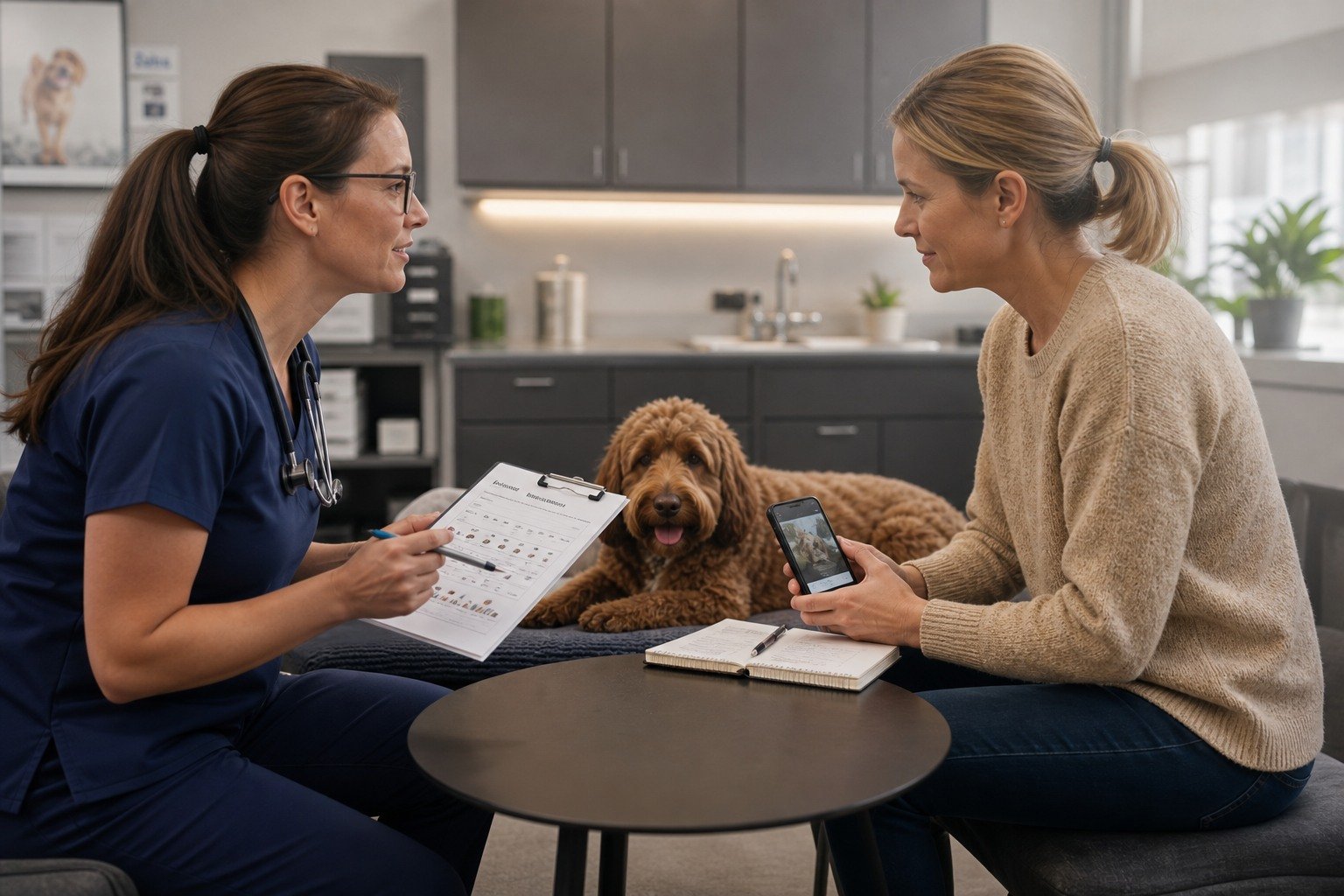 A dog owner and veterinarian collaborate over a digestive timeline, complete food and exposure inventory, safe phone photo, and follow-up notes while the dog rests comfortably.