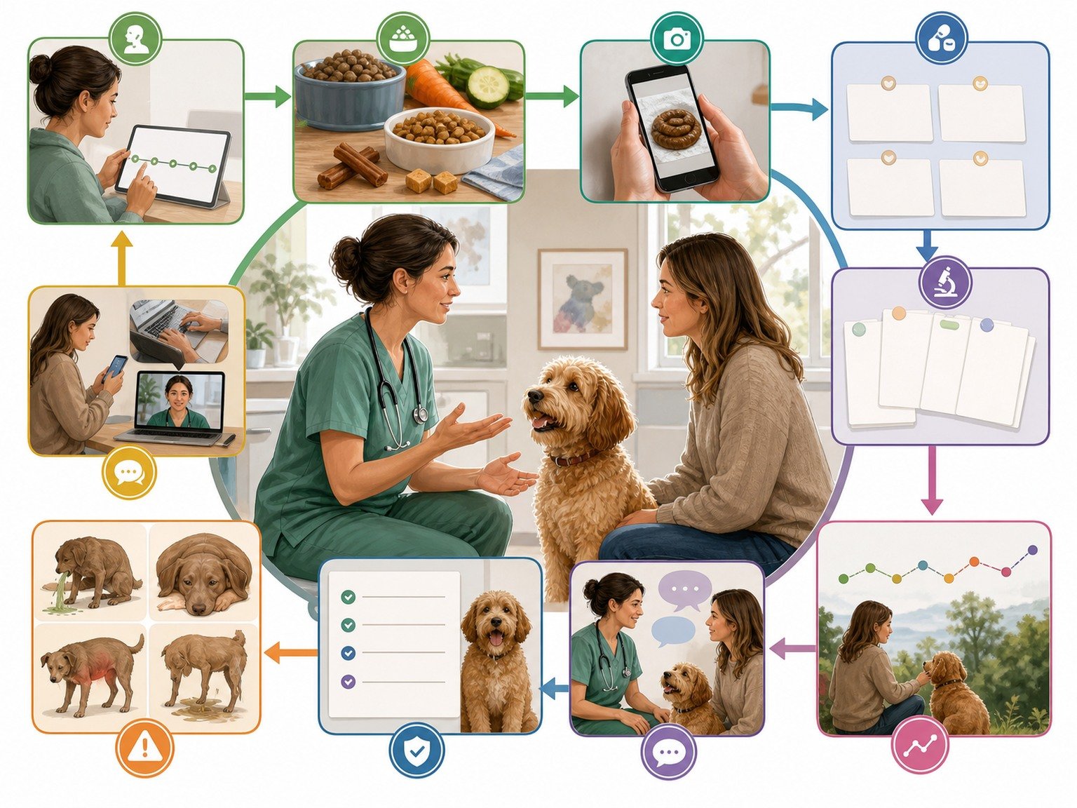 A text-free veterinary communication pathway connects timeline, food and treat inventory, safe photo, current products, prior tests, questions, clarified plan, warning signs, and longitudinal review.
