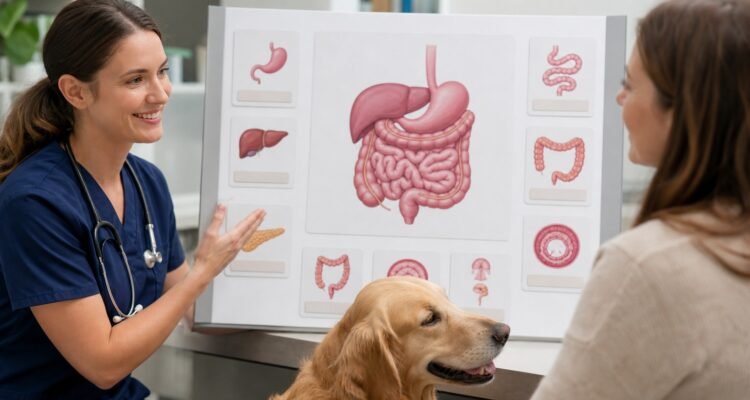 A veterinarian explains simplified canine digestive anatomy and neutral terminology cards to an owner beside a relaxed dog.