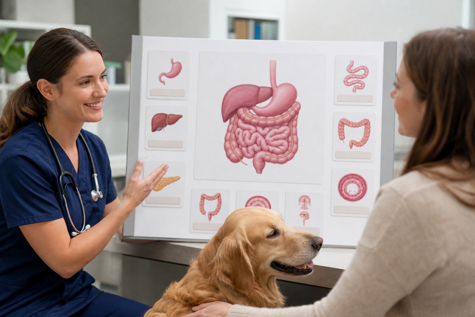 A veterinarian explains simplified canine digestive anatomy and neutral terminology cards to an owner beside a relaxed dog.