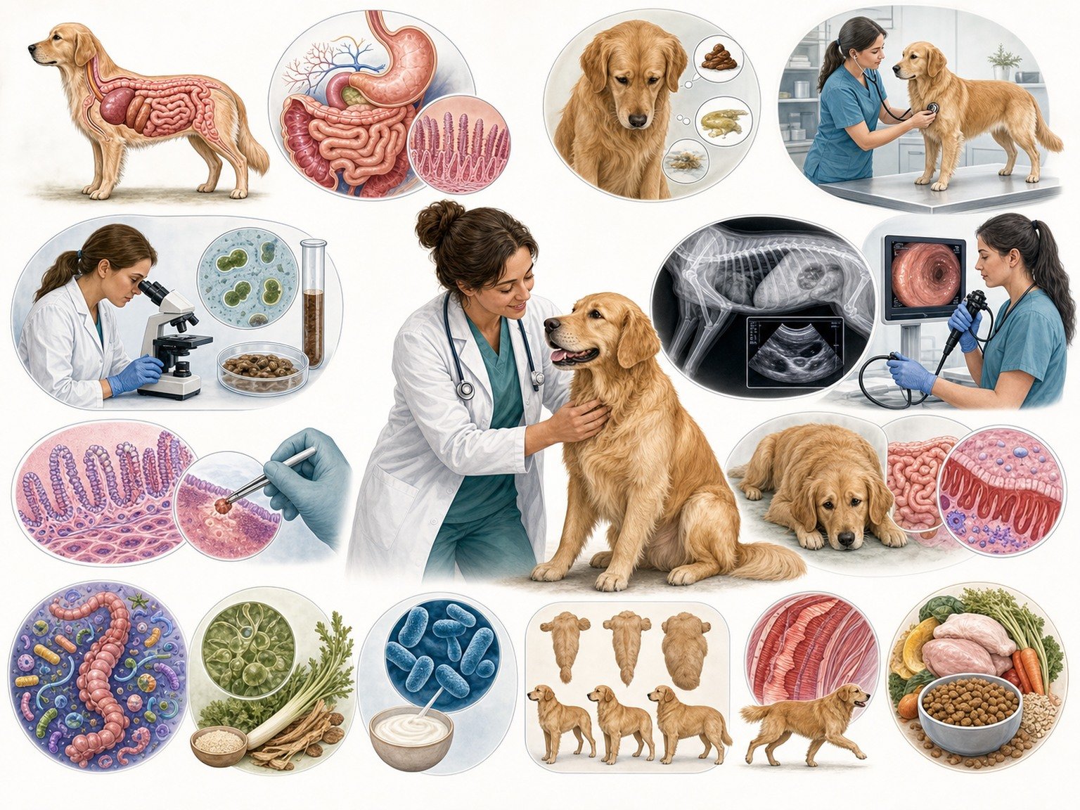 A text-free digestive glossary visual connects anatomy, signs, examination, laboratory and fecal testing, imaging, endoscopy, biopsy, microbiome, nutrition, and veterinary interpretation.