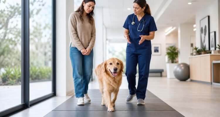 A first-time dog owner observes a dog walking naturally while a veterinarian discusses baseline movement in a bright mobility lane.